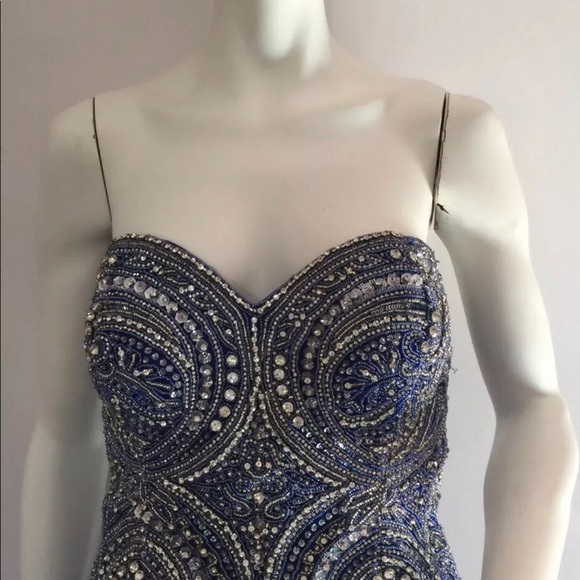 Beaded strapless Blue Silver Maxi Dress Size 44 (US 12) - Picture 3 of 9